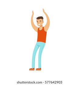 Asian Guy In Top And Jeans Dancing On Dancefloor, Part Of People At The Night Club Series Of Vector Illustrations