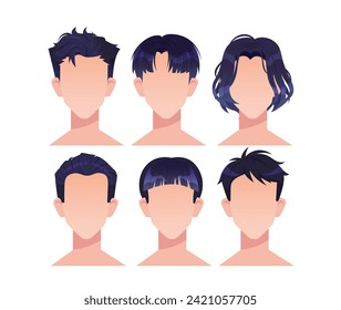 Asian guys constructor faces set. Men with different black haircuts. Character creation process. Avatars of users for social media. Cartoon flat vector collection isolated on white background