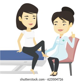 Asian gym doctor checking ankle of a patient. Physio therapist examining leg of woman. Physio therapist giving a leg massage to patient. Vector flat design illustration isolated on white background.