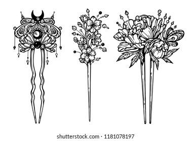 Asian hairpin with flowers,leaves.Hand drawn vector illustrations.Beautiful fashion illustration in sketched style isolated on white background.Perfect for invitations, greeting cards, quotes, blogs, 