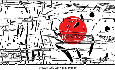 Asian hand drawn abstract landscape. Japanese red sun, exotic nature. Black and white background illustration with water reflection