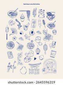 Rabiscos asiáticos desenhados à mão. Maneki neko, ramen, sakura, sushi. Estilo de vida lento. Elementos de ilustração vetorial do japão.