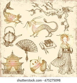 Asian hand drawn elements with fan teapot rolls and chopsticks pagoda dragon on worn background vector illustration