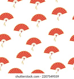 Asian hand fan. Traditional fan seamless pattern isolated on white background, paper folding pattern of fans.