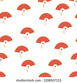 Asian hand fan. Traditional fan seamless pattern isolated on white background, paper folding pattern of fans.