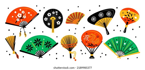Asian hand fans. Chinese handheld paper accessories. Vintage cultural objects. Traditional souvenirs with flower ornaments. Oriental attributes. Japanese clothing. Garish