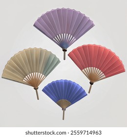 Asian Hand Fans Set collection. Realistic Detailed 3d Different Color  Symbol of Culture. Vector illustration of Paper Folding Fan on white background.