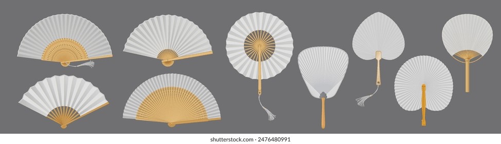 Asian handheld fans of bamboo and paper realistic vector illustration set. Oriental souvenir accessory 3d objects on grey background