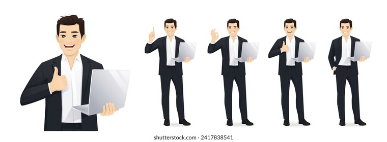 Asian handsome business man in black suit holding laptop computer standing different posing isolated vector illustration