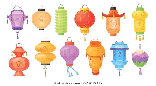 Asian hanging lanterns. Chinese lantern traditional street ornament for festivals new year, oriental paper lamps chinatown korean japan decor cartoon vector illustration of asian celebration lantern