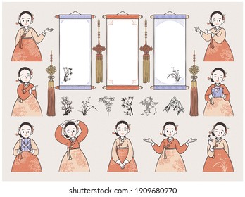 Asian hanging scroll and Korean female character set. Woman in hanbok showing different gestures.