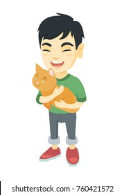 Asian Happy Boy  Holding A Cat. Full Length Of Cheerful Little Boy With A Cat In His Hands. Vector Sketch Cartoon Illustration Isolated On White Background.