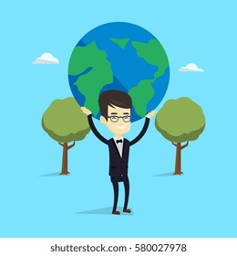 Asian happy business man holding big Earth globe over his head. Young business man taking part in global business. Concept of global business. Vector flat design illustration. Square layout.