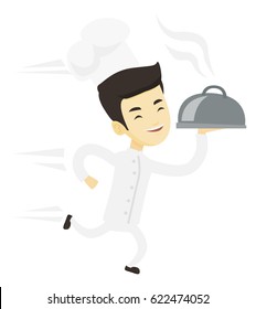 Der asiatische Küchenchef kocht in Kappe und weiße Uniform. Chefkoch, der einen Lappen hält. Lächelnder Küchenchef kocht schnell mit einem Lappen. Vektorgrafik mit flachem Design, einzeln auf weißem Hintergrund.
