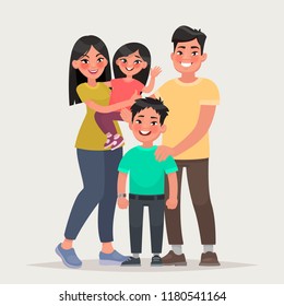 Asian Happy Family. Dad, Mom, Daughter And Son Together. Vector Illustration In Cartoon Style