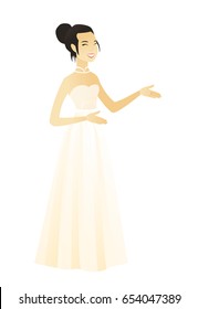 Asian happy fiancee in a white dress gesturing. Full length of young fiancee gesturing with her hands. Fiancee laughing and gesturing. Vector flat design illustration isolated on white background.