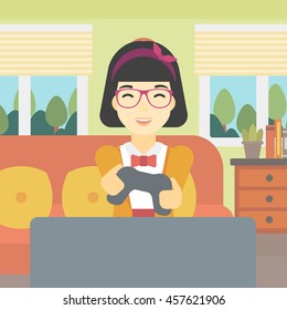 An asian happy gamer playing video game on the television. An excited young woman with console in hands playing video game at home. Vector flat design illustration. Square layout.