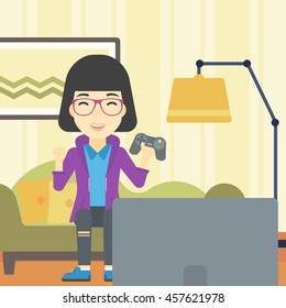 An asian happy gamer playing video game on the television. An excited young woman with console in hands playing video game at home. Vector flat design illustration. Square layout.