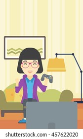 An asian happy gamer playing video game on the television. An excited young woman with console in hands playing video game at home. Vector flat design illustration. Vertical layout.