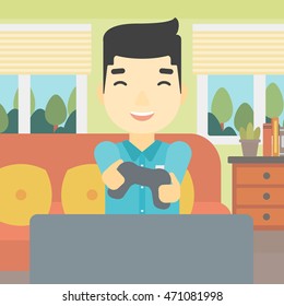 An asian happy gamer playing video game on the television. An excited young man with console in hands playing video game at home. Vector flat design illustration. Square layout.