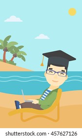 An asian happy graduate lying in chaise long. Young man in graduation cap working on laptop. Graduate on a beach. Vector flat design illustration. Vertical layout.