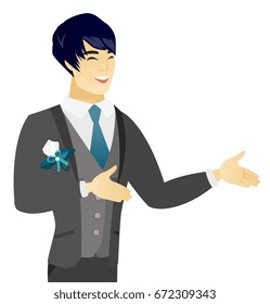 Asian happy groom gesturing. Cheerful groom in a wedding suit gesturing with his hands. Groom laughing and gesturing. Vector flat design illustration isolated on white background.