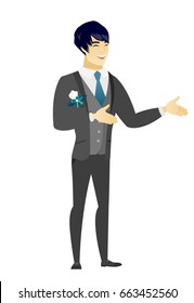 Asian happy groom gesturing. Full length of cheerful groom in a wedding suit gesturing with his hands. Groom laughing and gesturing. Vector flat design illustration isolated on white background.