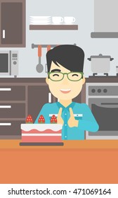 An asian happy man looking with passion at a big cake. An excited man standing in front of cake in the kitchen. Man craving delicious cake. Vector flat design illustration. Vertical layout.