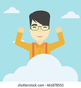 An asian happy man with raised hands sitting on a cloud on the background of blue sky. Cloud computing concept. Vector flat design illustration. Square layout.