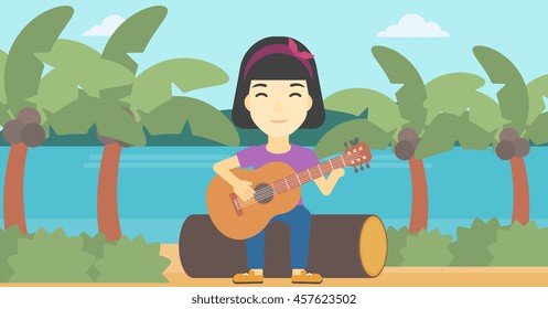 An asian happy musician sitting on log and playing an acoustic guitar. Woman practicing in playing guitar. Guitarist playing on the beach. Vector flat design illustration. Horizontal layout.