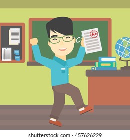 An asian happy student holding a sheet with the highest mark. Student showing test with A grade in the classroom. Student received best mark. Vector flat design illustration. Square layout.