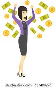 Asian happy successful business woman standing with raised hands under money rain. Young excited business woman enjoying a rain of money. Vector flat design illustration isolated on white background.