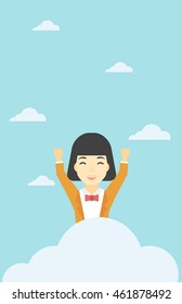 An asian happy woman with raised hands sitting on a cloud on the background of blue sky. Cloud computing concept. Vector flat design illustration. Vertical layout.