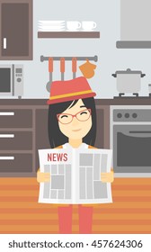 An asian happy woman reading the newspaper. Young smiling woman reading good news. Woman with newspaper in hands on the background of kitchen. Vector flat design illustration. Vertical layout.