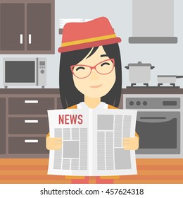 An asian happy woman reading the newspaper. Young smiling woman reading good news. Woman with newspaper in hands on the background of kitchen. Vector flat design illustration. Square layout.