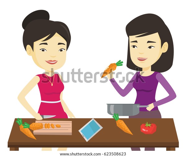 Asiatische Gluckliche Frauen Kochen Gesundes Gemuse Stock Vektorgrafik Lizenzfrei