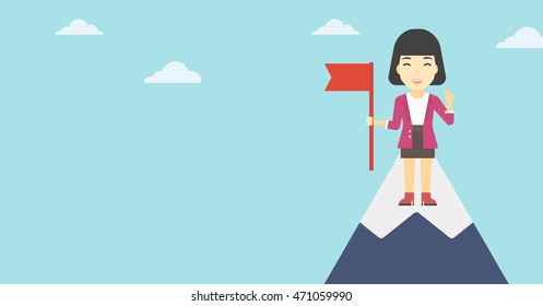 An asian  happy young leader business woman holding a red flag on the top of the mountain. Successful business concept. Vector flat design illustration. Horizontal layout.