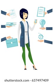 Asian hard working business woman. Hard working business woman surrounded by many hands that give her a lot of work. Hard working concept. Vector flat design illustration isolated on white background.