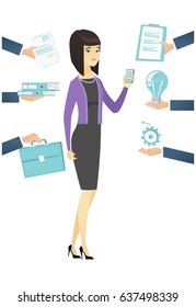 Asian hard working business woman. Hard working business woman surrounded by many hands that give her a lot of work. Hard working concept. Vector flat design illustration isolated on white background.
