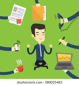 Asian hard working businessman meditating in lotus pose. Young businessman surrounded by many hands that give him a lot of work. Concept of hard working. Vector flat design illustration. Square layout