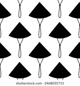 Asian hat with rope. Black and white seamless pattern. Chinese headdress made of palm leaves. Protection from sun and rain during field work. Accessory background. Hand drawn vector illustration.