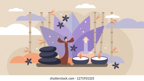 Asian healing vector illustration. Flat mini nature therapy persons concept. Alternative medicine for healing, spiritual health and wellness yoga. Energy and beauty balance care from traditional spa.