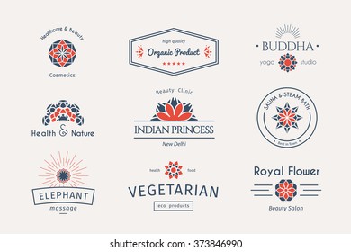 Asian health and beauty logo templates set. Vector ethnic ornamental design for beauty salons, spa, massage, cosmetic industry, vegetarian food, saunas, healthcare and medicine.