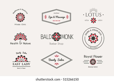 Asian Health And Beauty Logo Templates Set. Vector Ethnic Ornamental Design For Beauty Salons, Spa, Massage, Barber Shops, Saunas, Healthcare And Medicine.