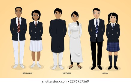Asian high school students in uniform. Sri Lankan, Vietnamese and Japanese.