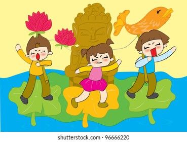 Asian Holiday : The Lotus Lantern Festival on Buddha's Birthday - playing happy smiling young children with religious symbols on yellow and blue background