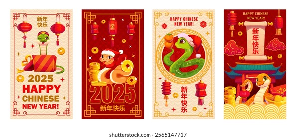 Asian holiday posters with Chinese Lunar New Year funny snakes, vector greeting cards. 2025 Happy Chinese New Year greeting text hieroglyphs with snake in Santa hat with tangerines and paper lanterns