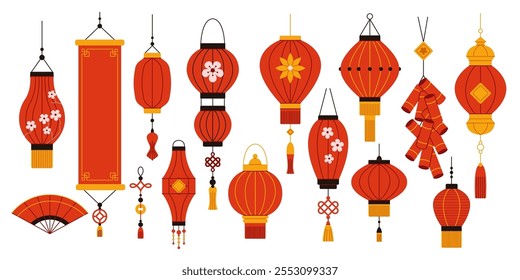 Asian holidays decor flat color vector objects set. Paper lanterns flag fan and firecrackers illustrations bundle on white background