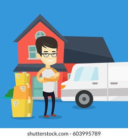 Asian homeowner unloading cardboard boxes. Homeowner standing in front of new home. Young man moving to a new house. Homeowner unpacking removal truck. Vector flat design illustration. Square layout.