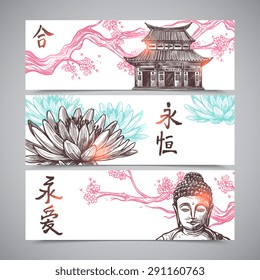 Asian horizontal banners set with hand drawn sakura branch and Buddha isolated vector illustration